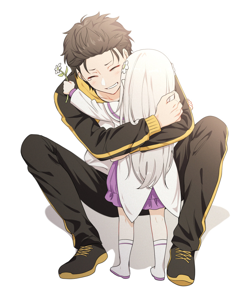 1boy, 1girl, absurdres, aged_down, black_jacket, black_pants, blush, brown_hair