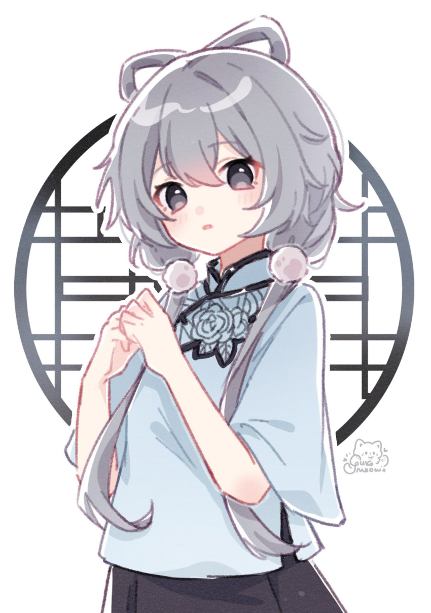 1girl, black_skirt, blue_shirt, chinese_clothes, feixianji_(hairstyle), floral_print_shirt, grey_eyes, grey_hair
