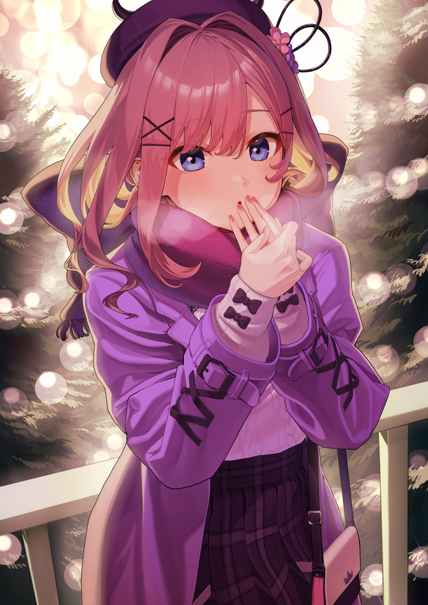 1girl, :o, absurdres, bag, beret, black_bow, blue_eyes, blurry