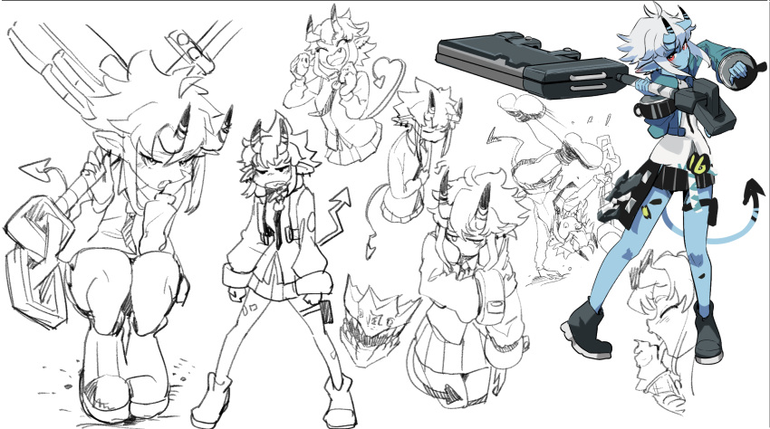 1girl, :d, black_footwear, black_skirt, blue_horns, blue_jacket, blue_skin, closed_eyes