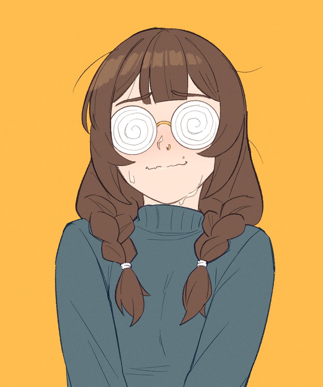 1girl, blush, braid, coke-bottle_glasses, english_commentary, glasses, highres, looking_at_viewer
