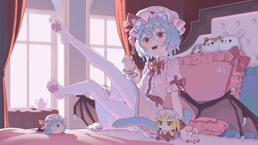 1girl, absurdres, bat_wings, bed, bed_sheet, bedroom, bell, belt