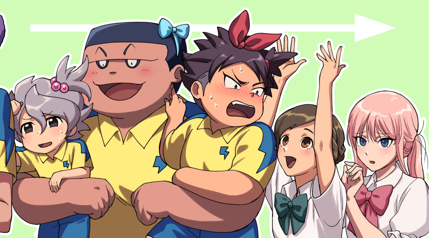 2girls, 3boys, arrow_(symbol), black_eyes, black_hair, blue_bow, blue_eyes, blue_shorts