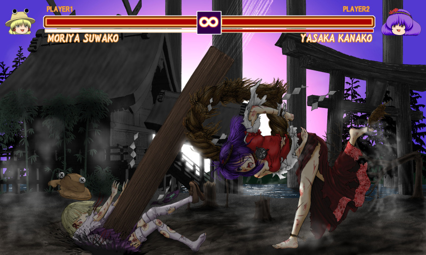 barefoot, battle, blood, fake_screenshot, fighting_game, gon435, highres, moriya_suwako
