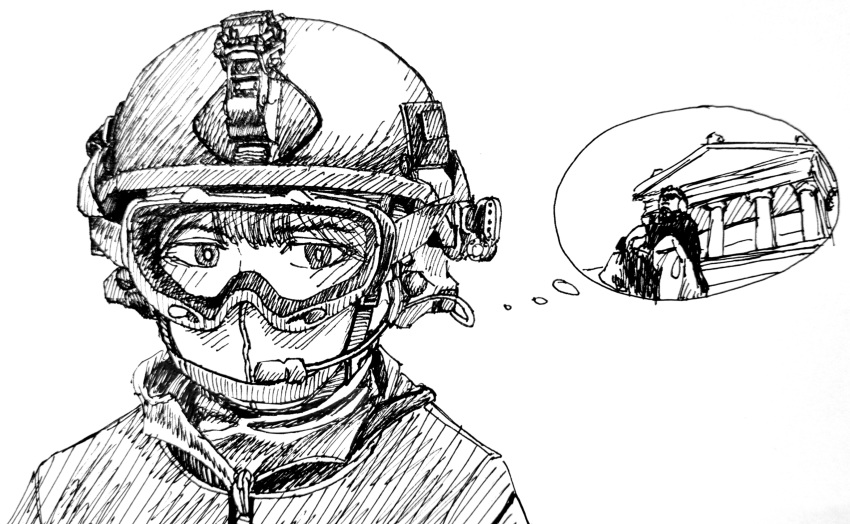 1boy, 1girl, combat_helmet, covered_mouth, darude_-_sandstorm_(meme), ear_protection, goggles, greyscale