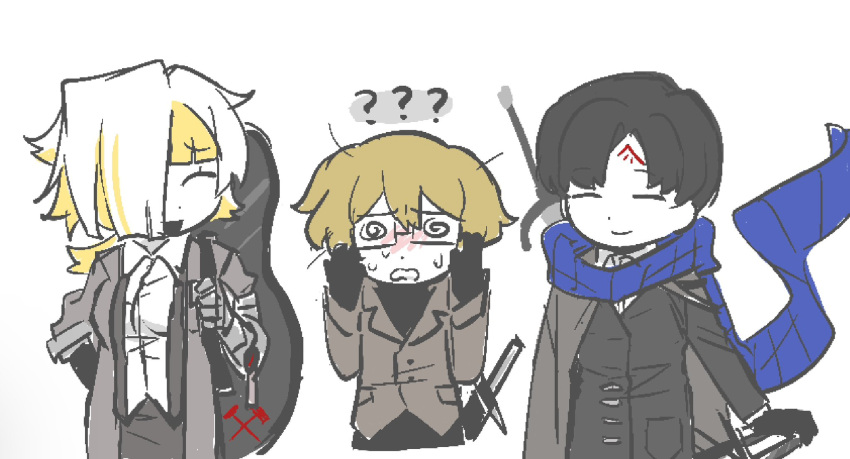 @_@, black_gloves, black_jacket, black_sweater, blonde_hair, blue_scarf, cape, closed_eyes