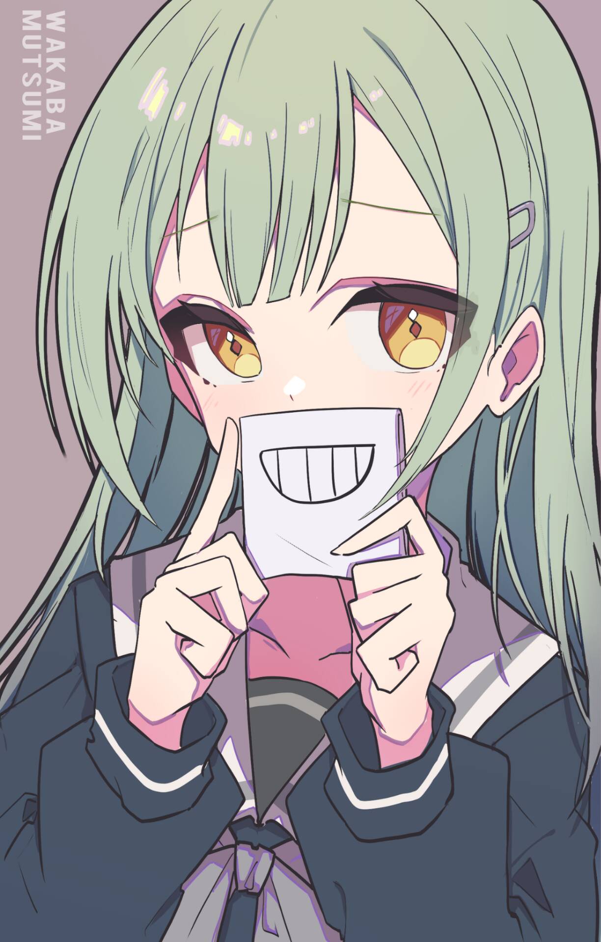 1girl, atsuko's_grin_(meme), bang_dream!, bang_dream!_it's_mygo!!!!!, blue_shirt, blush, character_name, commentary_request, green_hair, grey_background, grey_neckerchief, hair_ornament, hairclip, highres, holding, long_hair, long_sleeves, looking_at_viewer, meme, neckerchief, sailor_collar, school_uniform, serafuku, shirt, solo, tsukinomori_school_uniform, upper_body, wakaba_mutsumi, white_sailor_collar, yellow_eyes, zhong_xiansheng