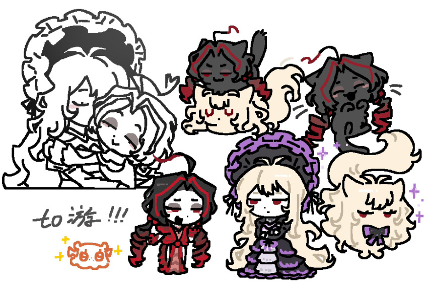 2girls, ahoge, barber_(project_moon), black_bonnet, black_dress, black_fur, black_ribbon, bonnet