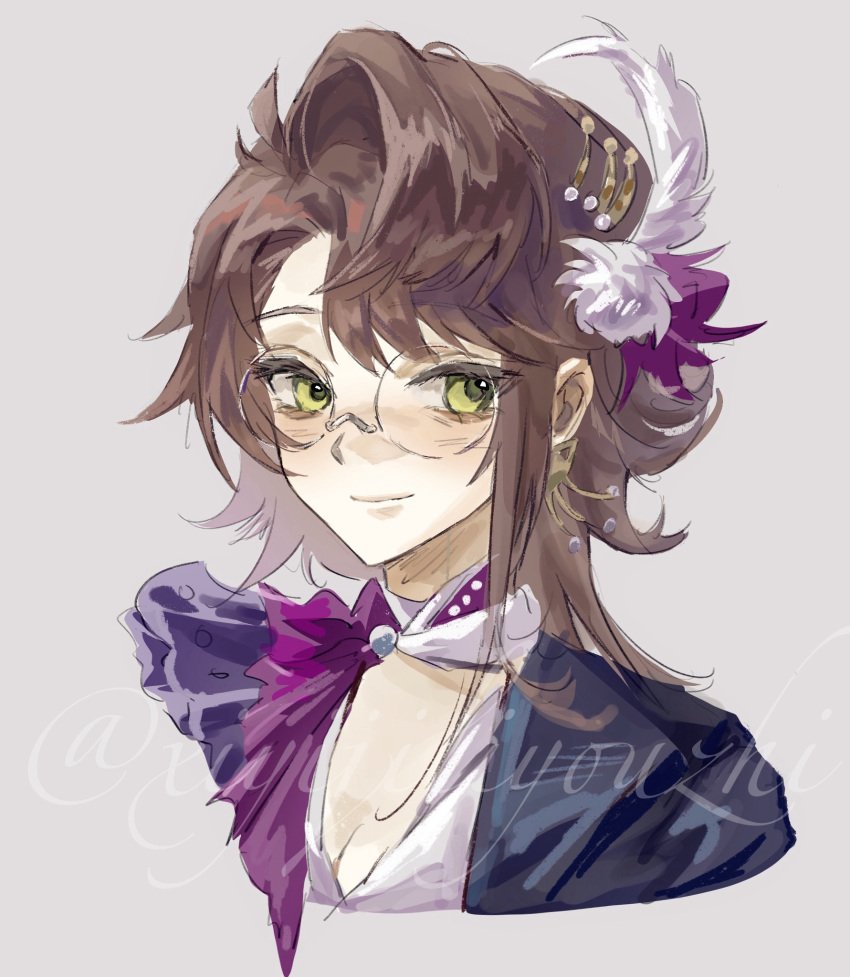 1girl, brown_hair, closed_mouth, cropped_torso, earrings, feather_hair_ornament, feathers, glasses