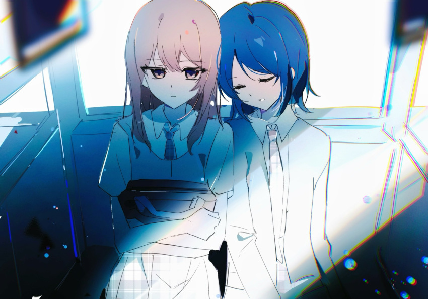 2girls, bag, blue_hair, brown_eyes, brown_hair, closed_eyes, collared_shirt, commentary_request