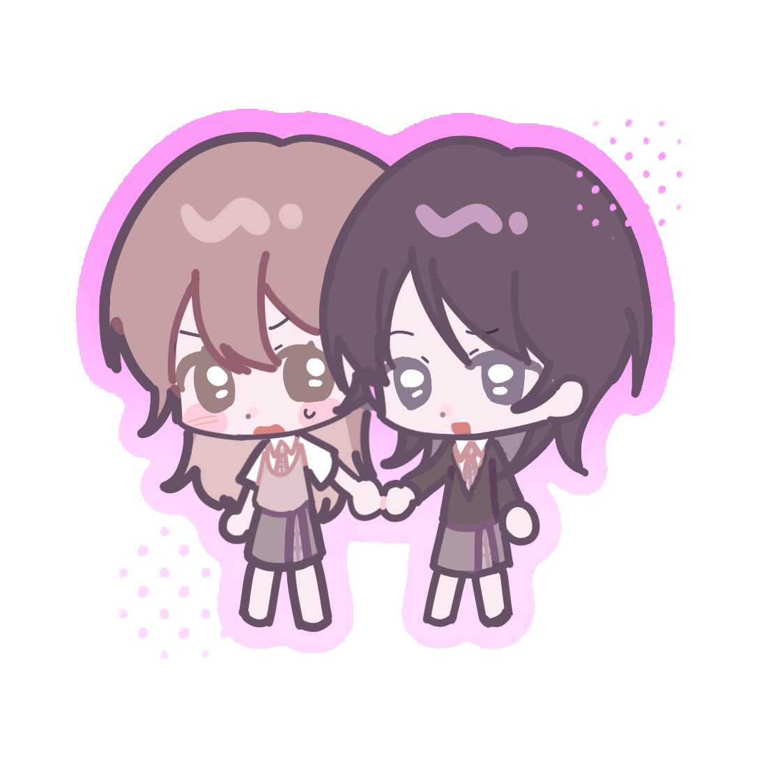 2girls, black_eyes, black_hair, black_jacket, blush, brown_hair, brown_sweater_vest, chibi
