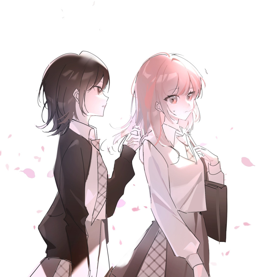 2girls, bag, black_bag, black_eyes, black_hair, black_jacket, closed_mouth, commentary