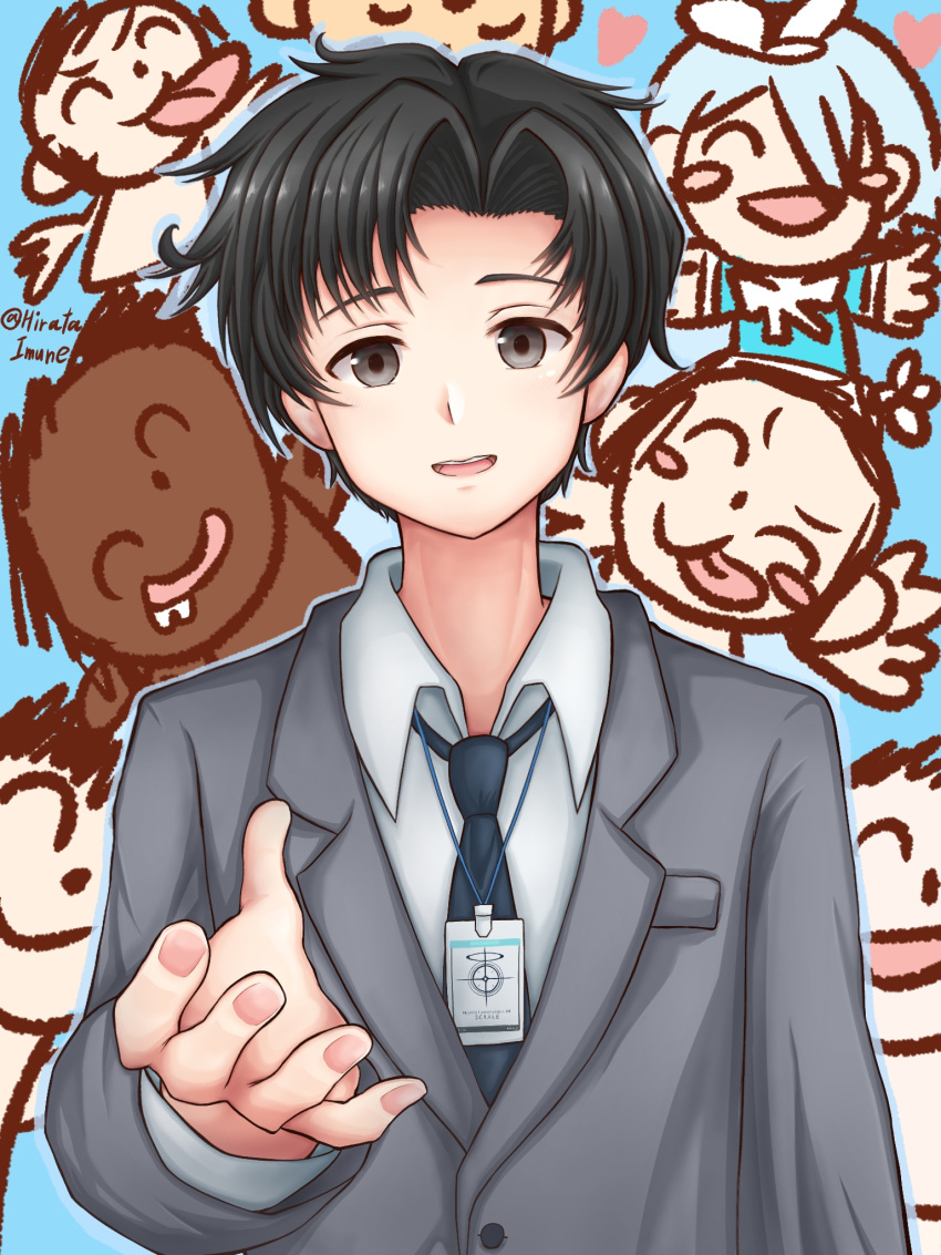 1girl, 6+boys, :d, :p, ^_^, arm_at_side, arona_(blue_archive), artist_name