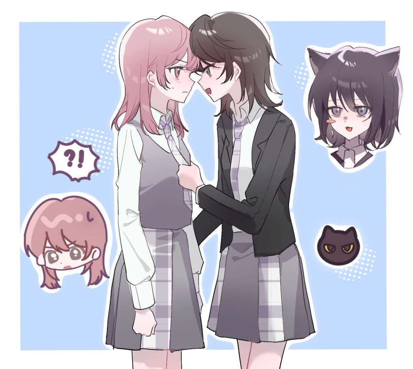 !?, 2girls, :3, animal_ears, black_hair, black_jacket, border, cat_ears, cat_girl, closed_mouth, clothes_grab, commentary, eye_contact, forehead-to-forehead, grey_skirt, grey_vest, hashtag-only_commentary, heads_together, highres, jacket, kemonomimi_mode, long_sleeves, looking_at_another, medium_hair, multiple_girls, naoi_(zenbu_kowashite_jigoku_de_aishite), necktie, necktie_grab, neckwear_grab, open_clothes, open_jacket, open_mouth, outline, outside_border, pink_hair, school_uniform, shirt, skirt, sweatdrop, unmoving_pattern, vest, white_border, white_outline, white_shirt, xioch7972291, yoshizawa_kurumi, yuri, zenbu_kowashite_jigoku_de_aishite