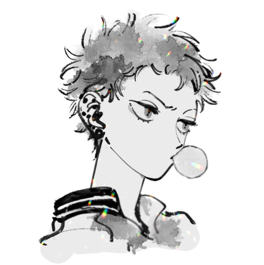 1boy, blowing_bubbles, chewing_gum, cropped_shoulders, earrings, furrowed_brow, greyscale, harai_kuko