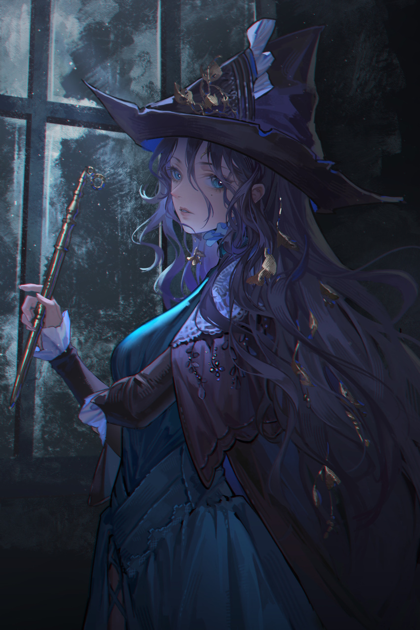 1girl, absurdres, black_cape, black_hair, black_hat, black_sleeves, blue_dress, blue_eyes