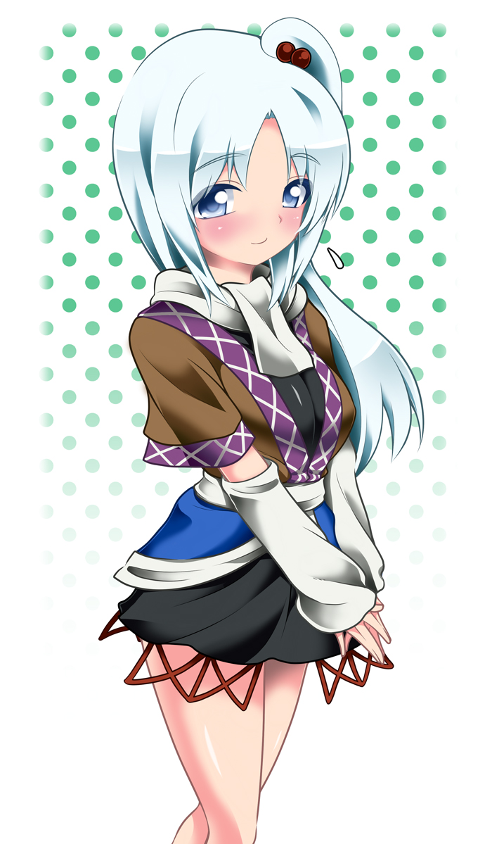 arm_warmers, blue_eyes, blush, cosplay, fuantei, hair_bobbles, hair_ornament, halftone