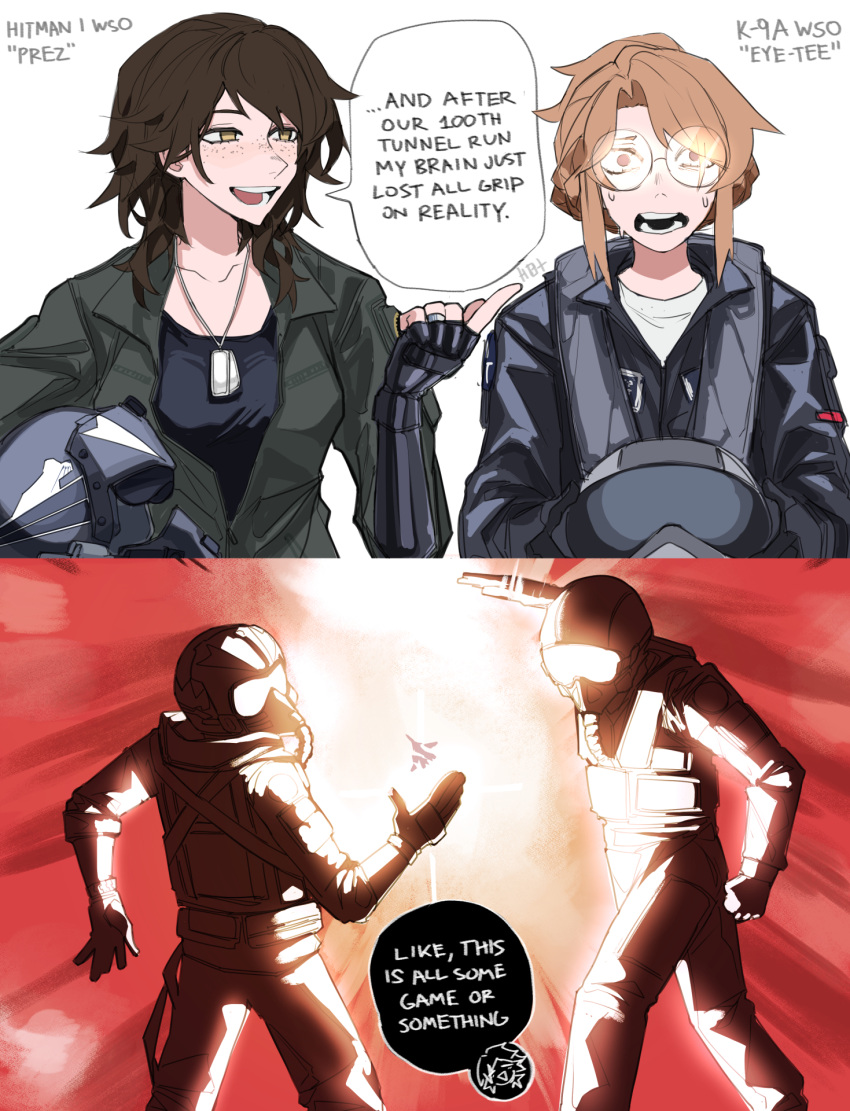 2boys, 2girls, aircraft, airplane, brown_eyes, brown_hair, driver_(project_wingman), english_text