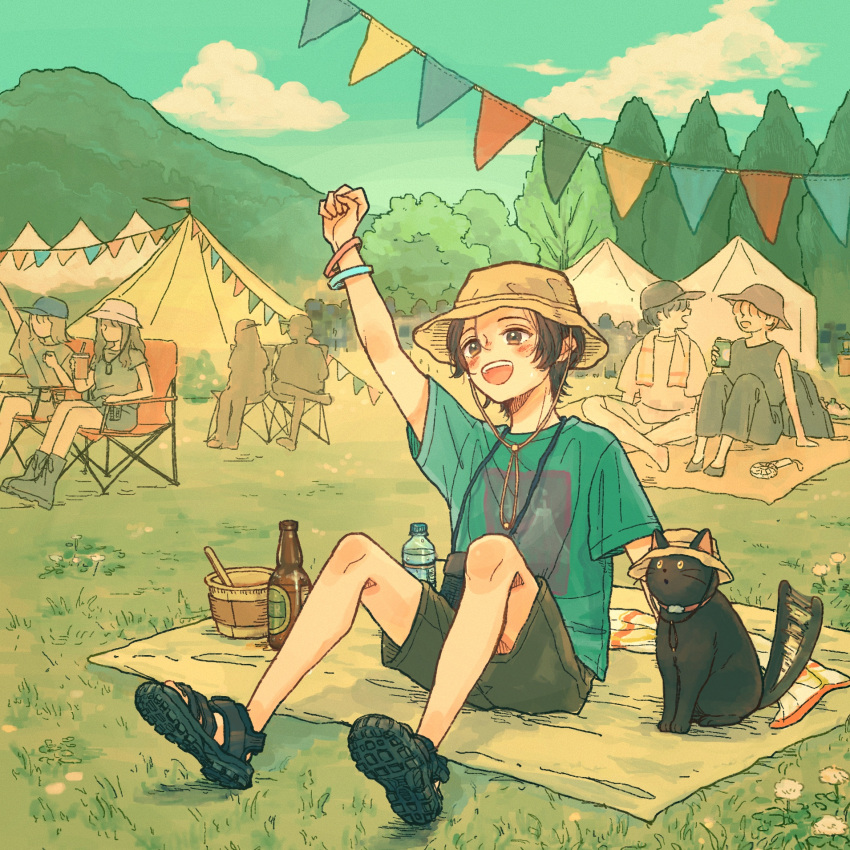 1boy, animal, arm_up, beer_bottle, black_cat, black_footwear, blue_sky, bottle