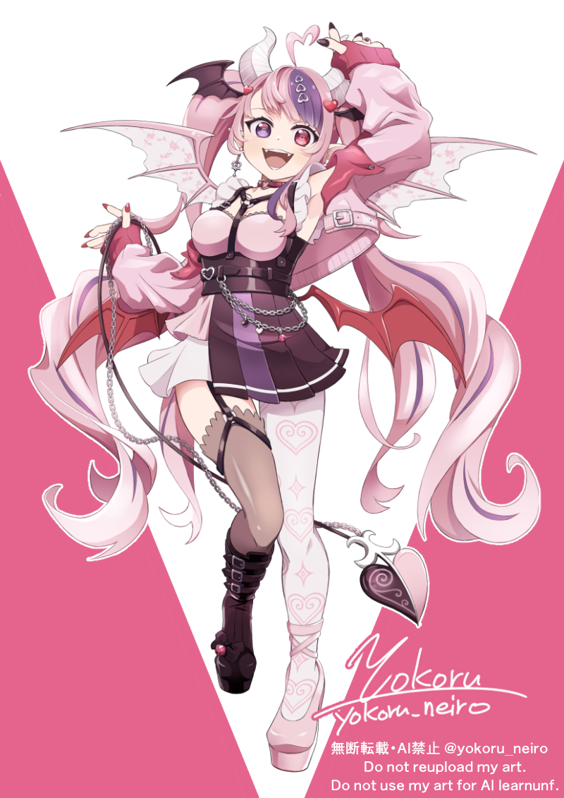 ahoge, asymmetrical_legwear, black_nails, black_thighhighs, cropped_jacket, demon_girl, demon_horns, demon_wings, earrings, hair_ornament, head_wings, heart, heart_ahoge, heart_earrings, heart_hair_ornament, heterochromia, horns, ironmouse, ironmouse_(demon_form), jacket, jewelry, long_hair, looking_at_viewer, low_wings, multicolored_hair, multiple_wings, nail_polish, pantyhose, pink_hair, pink_jacket, pink_shirt, pointy_ears, purple_hair, purple_skirt, red_eyes, shirt, skirt, smile, solo, streaked_hair, thigh-highs, twintails, very_long_hair, violet_eyes, virtual_youtuber, vshojo, white_pantyhose, wings, yokoru