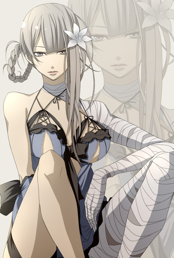 bandage, bandages, bow, braid, breasts, cleavage, elbow_gloves, flower, frills, gloves, grey_eyes, hair_ornament, kaine_(nier), large_breasts, legs, lingerie, negligee, nier, ribbon, short_hair, silver_eyes, silver_hair, sitting, solo, thigh_strap, thighs, underwear, yashano_akira