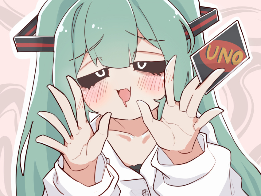 1girl, abstract_background, aqua_hair, bags_under_eyes, black_sclera, borrowed_clothes, card, colored_sclera