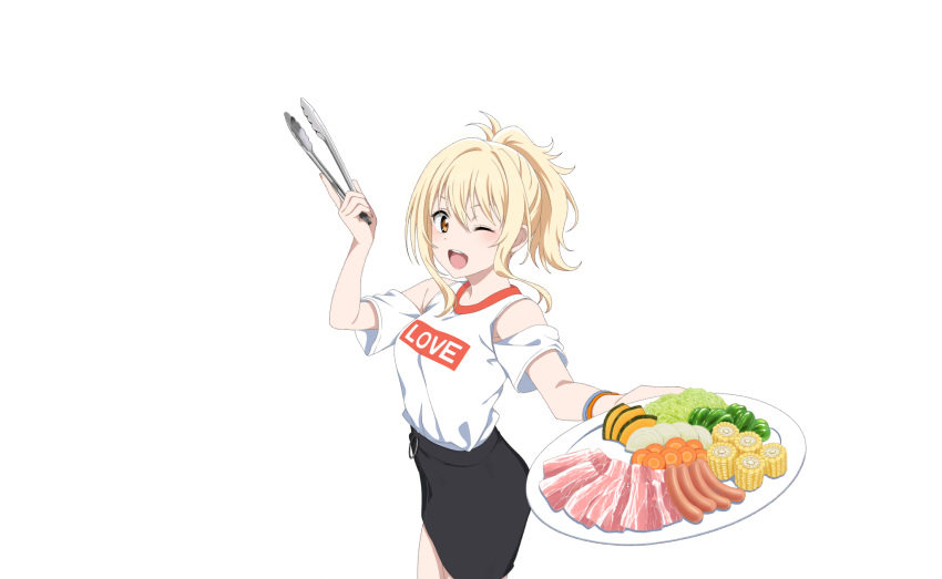 1girl, bare_shoulders, bell_pepper, black_skirt, blonde_hair, blush, breasts, cabbage