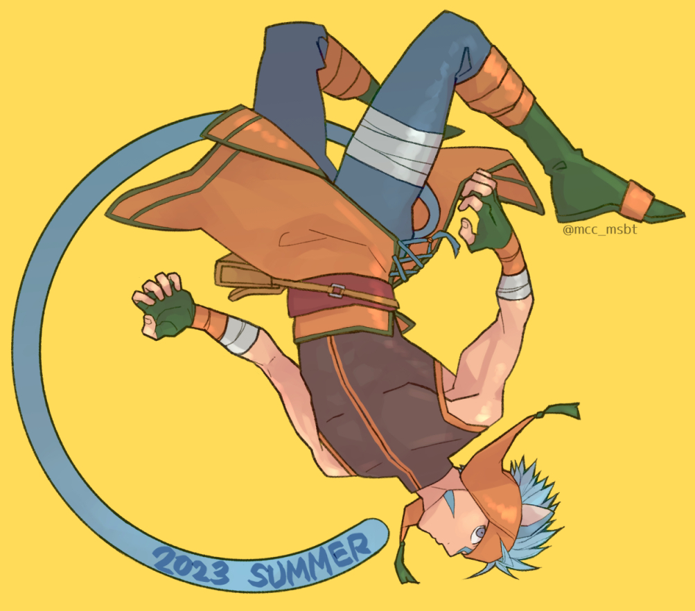 1boy, 2023, animal_ears, blue_hair, cat_boy, cat_ears, commentary_request, fingerless_gloves