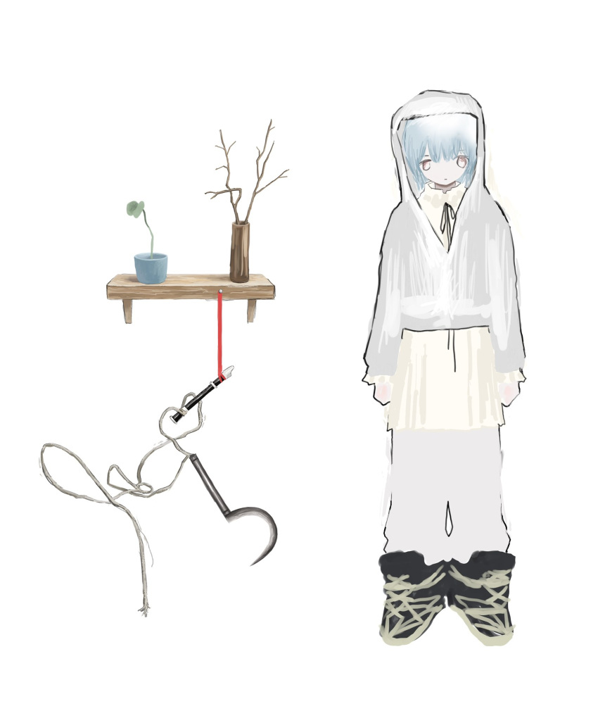 1girl, arms_at_sides, blue_hair, branch, closed_mouth, faaaaaaaok_(yfffaaa), flute, full_body