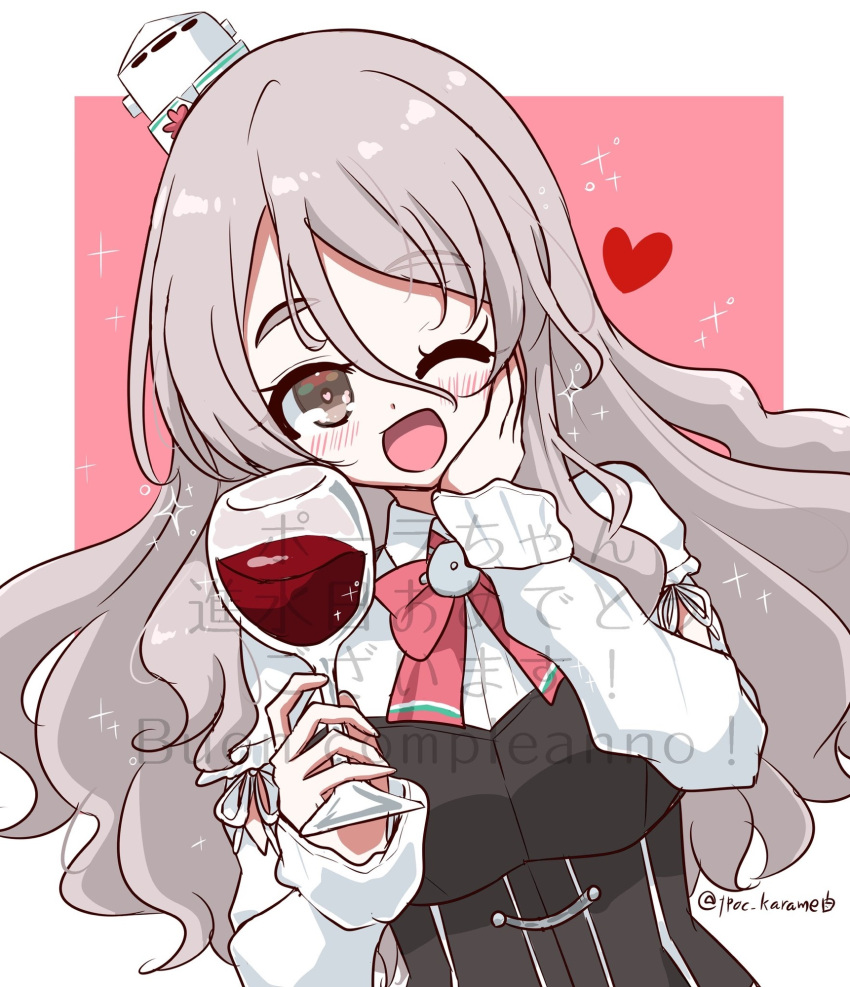 1girl, alcohol, bodice, border, bow, bowtie, brown_eyes, cup