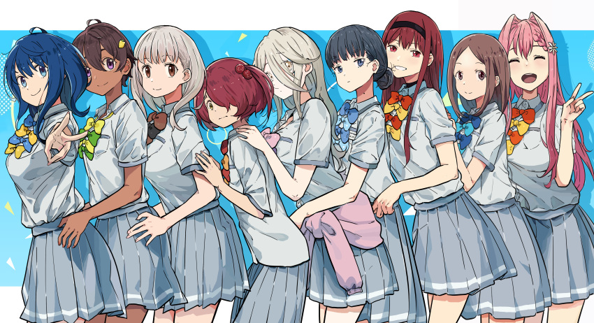6+girls, absurdres, aqua_bow, aqua_bowtie, asagumo_chihaya, basori_tiara, black_bow, black_bowtie