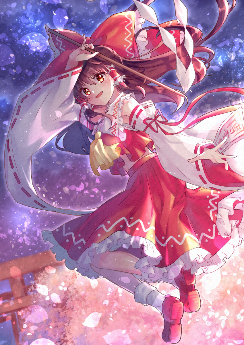 1girl, absurdres, ascot, bare_shoulders, blue_background, blush, bow, brown_eyes, brown_hair, cherry_blossoms, collared_shirt, detached_sleeves, frilled_bow, frilled_hair_tubes, frilled_shirt_collar, frilled_skirt, frills, from_side, full_body, gohei, gradient_background, hair_bow, hair_tubes, hakurei_reimu, happy, highres, hn_kiri39, holding, holding_gohei, large_bow, long_hair, looking_at_viewer, open_mouth, pink_background, pink_petals, red_bow, red_footwear, red_ribbon, red_shirt, red_skirt, ribbon, ribbon-trimmed_sleeves, ribbon_trim, sarashi, shirt, shoe_soles, shoes, skirt, sleeve_ribbon, sleeveless, sleeveless_shirt, socks, solo, torii, touhou, white_socks, yellow_ascot
