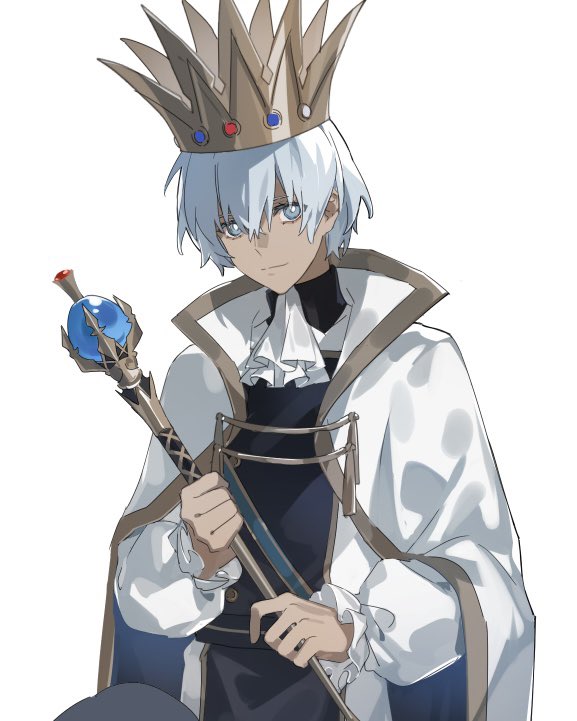 1boy, ascot, blue_eyes, blue_hair, bright_pupils, closed_mouth, commentary_request, crown
