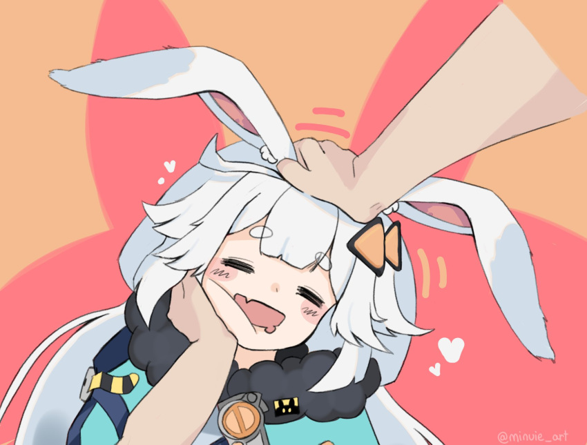 1girl, ananta, animal_ears, blush_stickers, closed_eyes, fang, happy, headpat, highres, long_hair, minuie, petting, pov, pov_hands, rabbit_ears, rabbit_girl, skin_fang, taffy_(ananta), white_hair