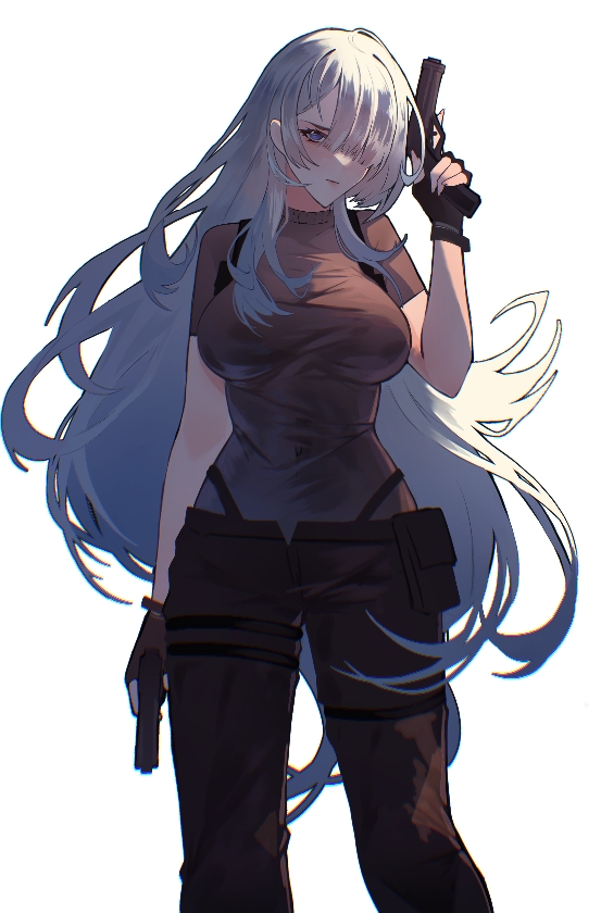 1girl, ak-15_(girls'_frontline), belt_pouch, blue_eyes, blunt_bangs, dual_wielding, floating_hair, girls_frontline