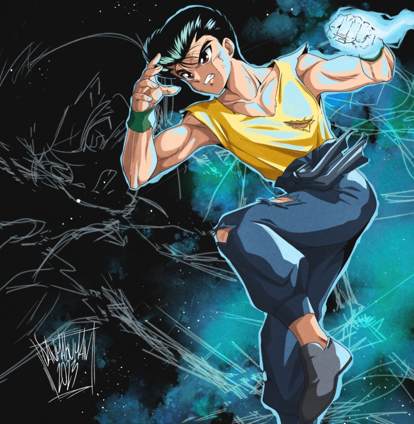 1990s_(style), 1boy, aura, black_hair, brown_eyes, clenched_hand, collarbone, danmakuman