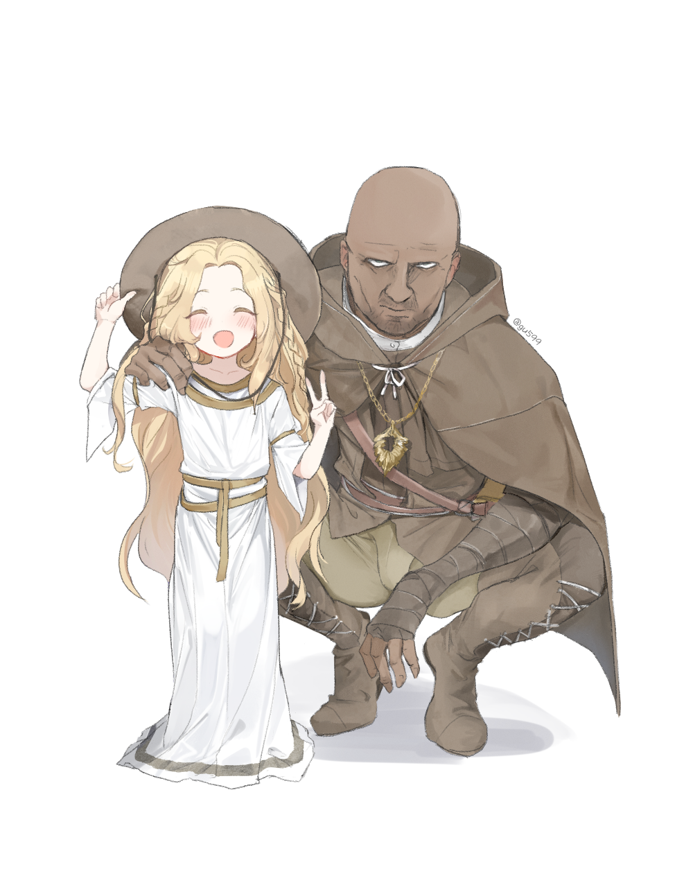 2boys, :d, ^_^, bald, blonde_hair, blush, brown_cape, brown_footwear