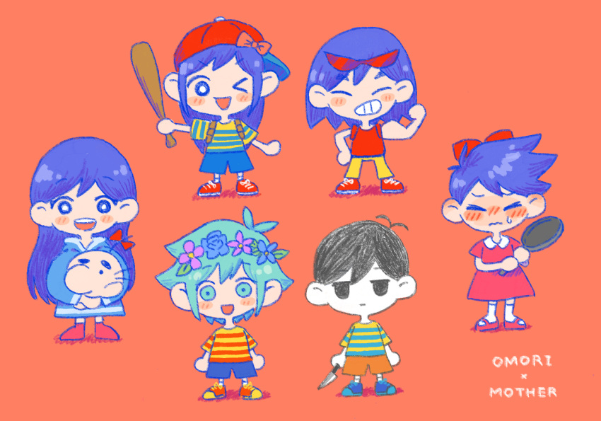 >_<, >_o, 2girls, 4boys, antenna_hair, aubrey_(headspace)_(omori), aubrey_(omori), backpack