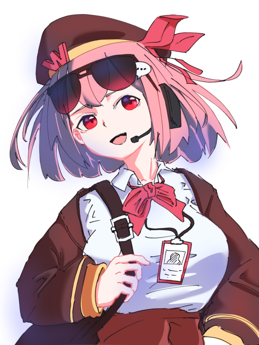 1girl, :d, beret, bow, bowtie, breasts, brown_hat, brown_jacket