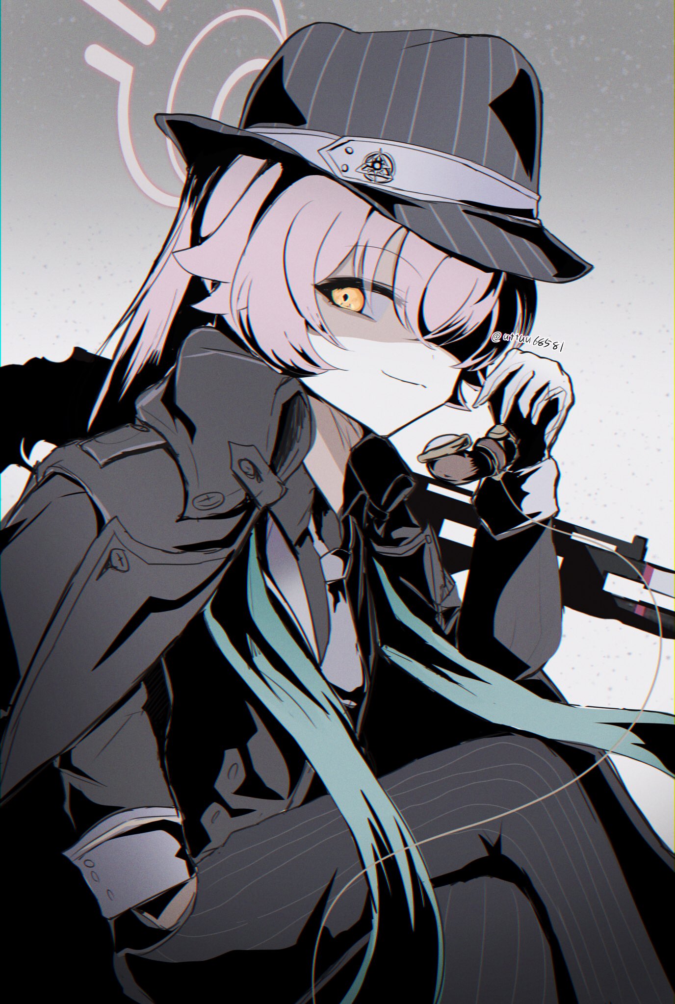 1girl, abydos_high_school_logo, alternate_costume, blue_archive, coat, coat_on_shoulders, fedora, gun, halo, hat, highres, holding, holding_phone, hoshino_(blue_archive), light_smile, looking_at_another, phone, pink_hair, pink_halo, striped_clothes, suit, tuxedo, uttsu_(yumaviviane), weapon, yellow_eyes