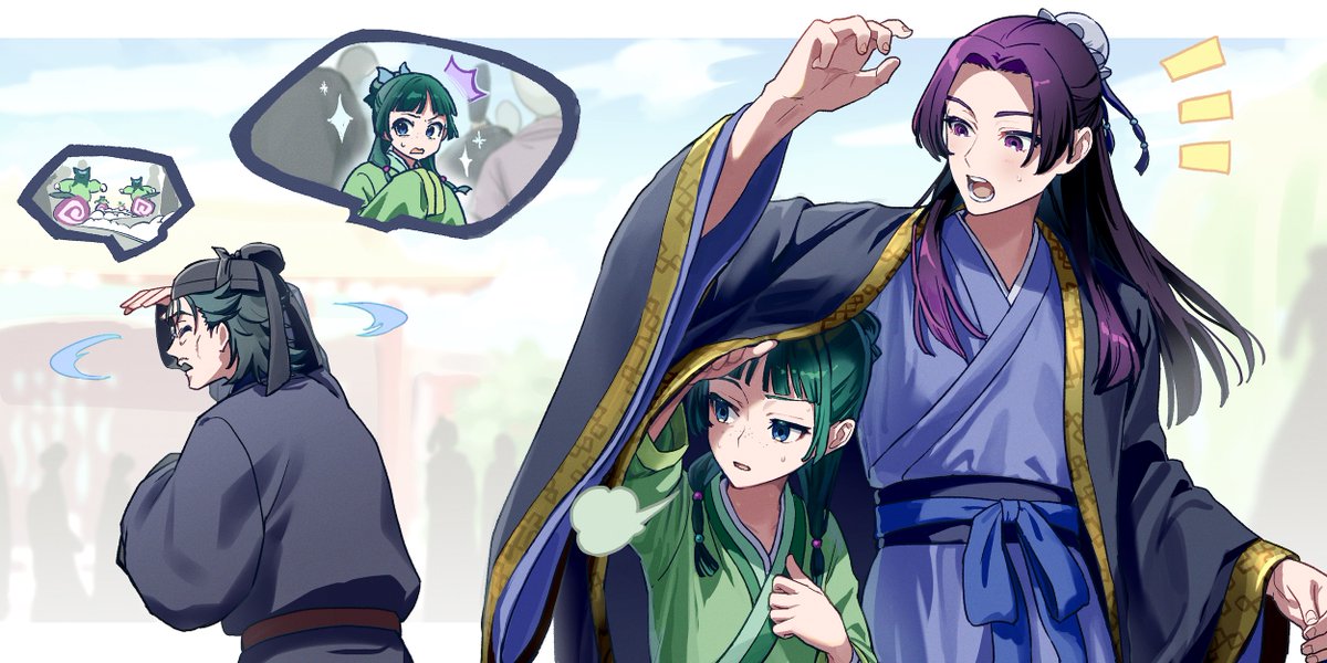 1girl, 2boys, ^^^, animal_ears, arm_up, blue_eyes, blue_hanfu, blue_sky