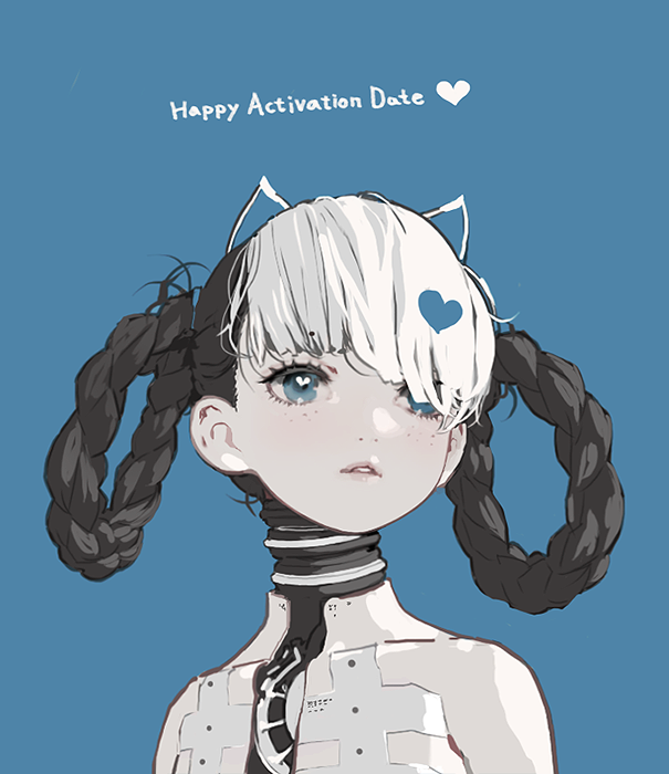 1girl, animal_ears, bambinata:_vitrum_(pgr), bambinata_(pgr), black_hair, blue_background, blue_eyes, braid