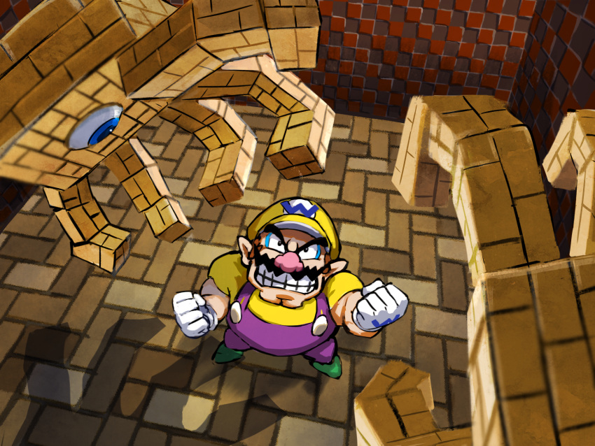 1boy, boss_fight, cabbie_hat, clenched_hands, clenched_teeth, eyeball, eyerok, facial_hair, from_above, gloves, green_footwear, hat, highres, looking_up, male_focus, mustache, overalls, pointy_ears, purple_overalls, shirt, short_sleeves, super_mario_64_ds, super_mario_bros., teeth, thick_eyebrows, wario, white_gloves, ya_mari_6363, yellow_hat, yellow_shirt