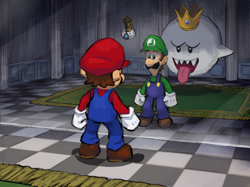 blue_eyes, blue_overalls, brown_footwear, brown_hair, cabbie_hat, carpet, checkered_floor, crown