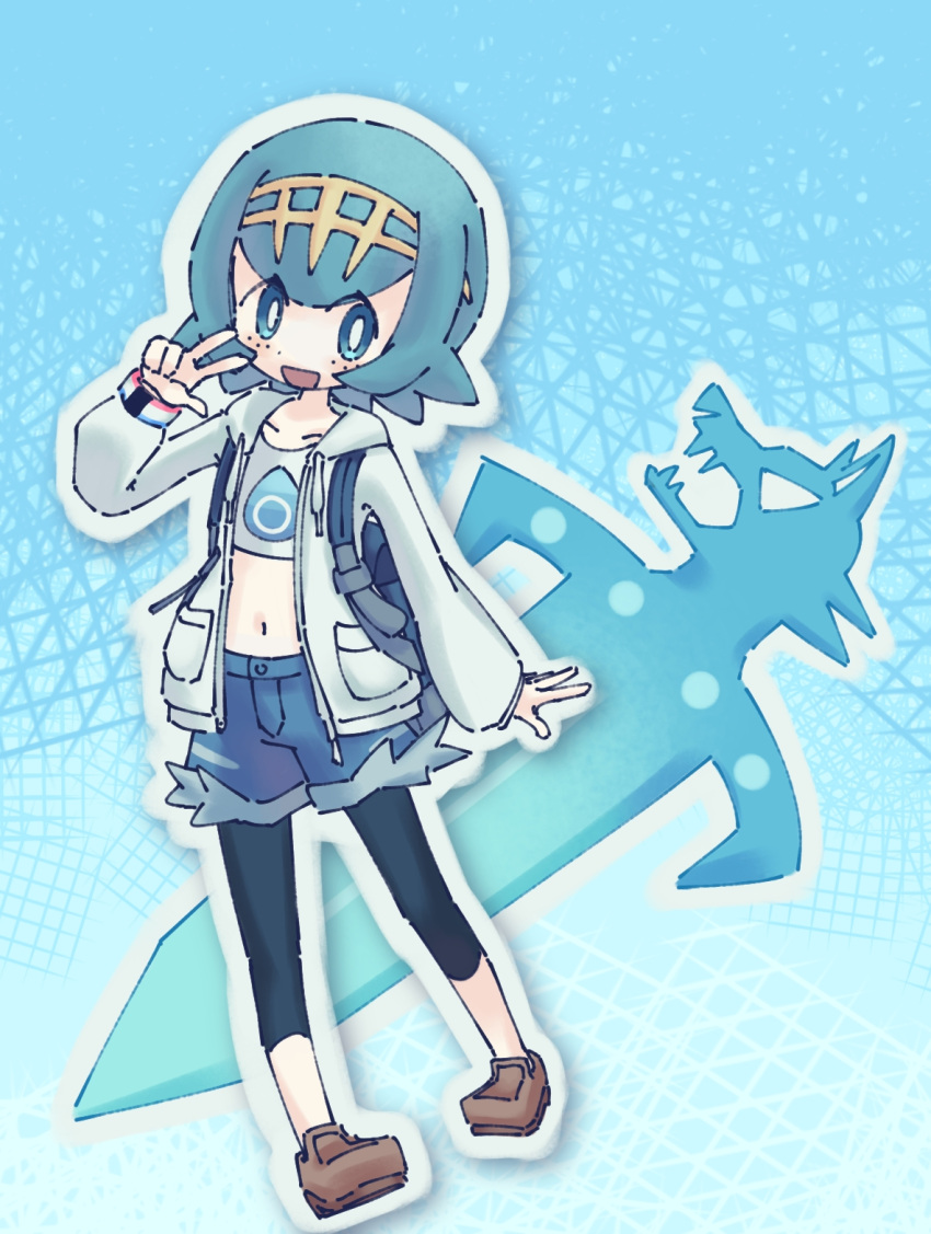 1girl, :d, alolana0825, alternate_costume, backpack, bag, blue_background, blue_eyes