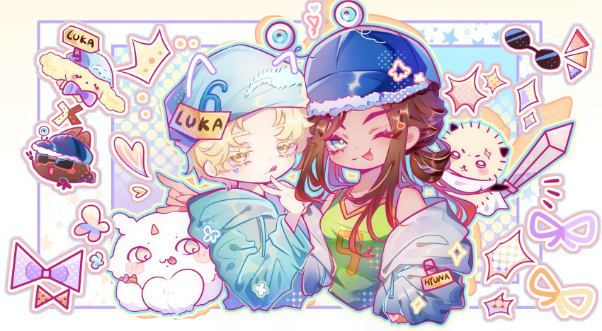 1boy, 1girl, ;p, alien_stage, anoko_(chiikawa), blonde_hair, blue_eyes, blue_hat
