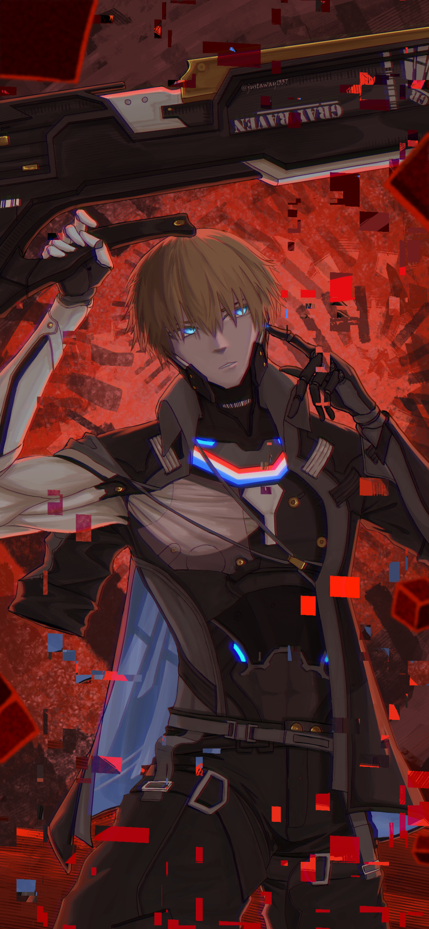 1boy, absurdres, black_coat, black_pants, blonde_hair, blue_coat, blue_eyes, coat