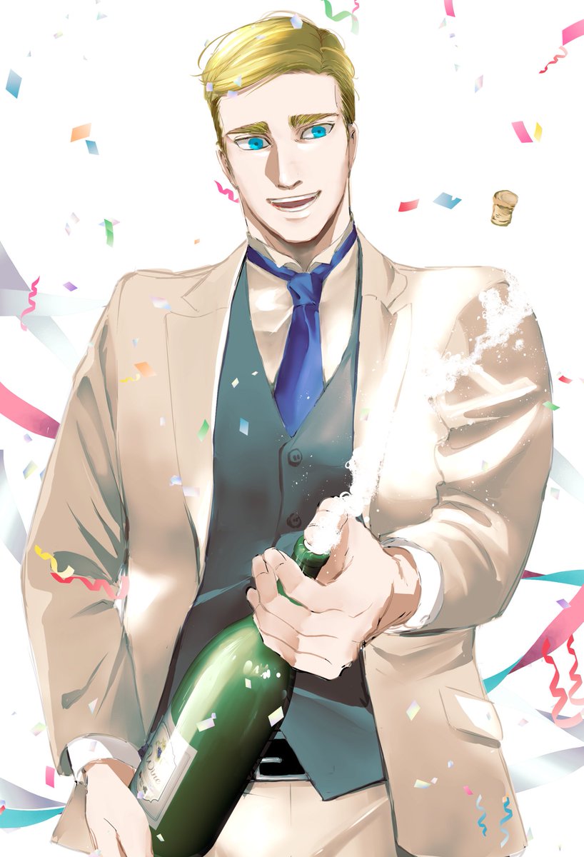 1boy, belt, belt_buckle, black_belt, blonde_hair, blue_eyes, blue_necktie, blue_vest, bottle, buckle, buttons, commentary_request, confetti, cork, cork_popping, cowboy_shot, erwin_smith, harurunhol, highres, holding, holding_bottle, jacket, layered_sleeves, looking_to_the_side, male_focus, necktie, open_clothes, open_jacket, open_mouth, pants, shingeki_no_kyojin, shirt, short_hair, sideways_glance, simple_background, solo, suit, suit_jacket, teeth, thick_eyebrows, upper_teeth_only, vest, white_background, white_jacket, white_pants, white_shirt, white_suit, wine_bottle