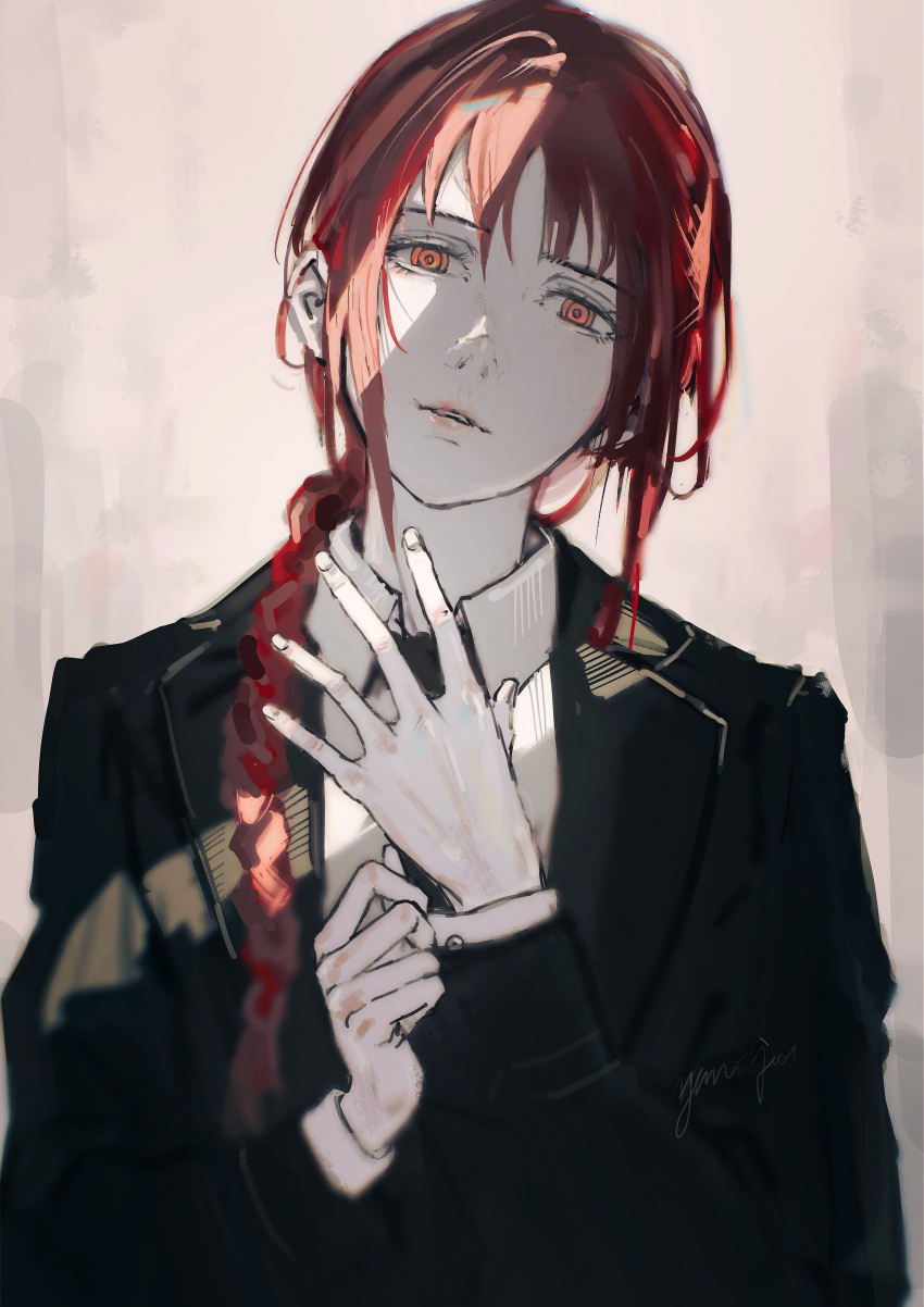 1girl, absurdres, black_jacket, black_necktie, black_suit, braid, chainsaw_man, collared_shirt