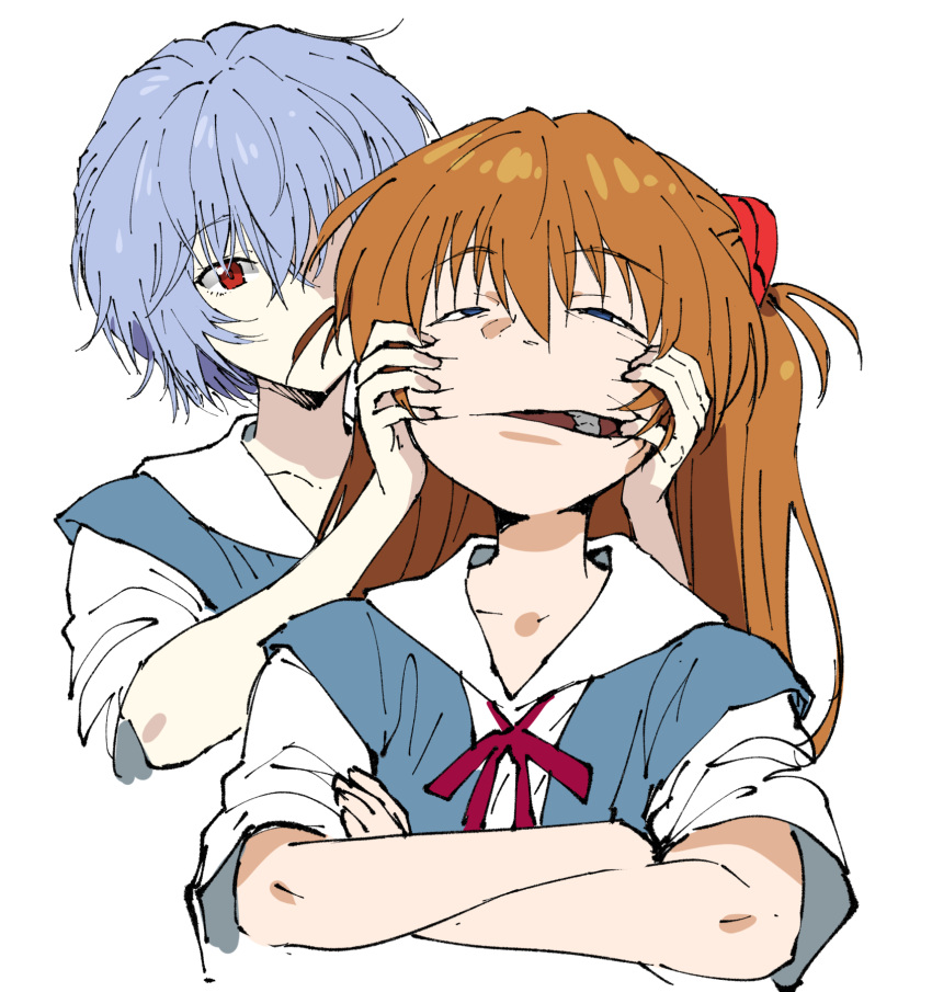 2girls, ayanami_rei, blue_eyes, blue_hair, commentary, crossed_arms, face_stretching, henriiku_(ahemaru), highres, light_blue_hair, long_hair, mecha_pilot_suit, mouth_pull, multiple_girls, neon_genesis_evangelion, orange_hair, plugsuit, red_eyes, school_uniform, short_hair, simple_background, souryuu_asuka_langley, tokyo-3_middle_school_uniform, white_background
